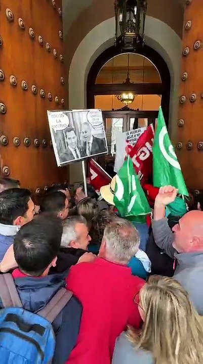 Forcejeos entre manifestantes y Policía a las puertas del Ayuntamiento de Sevilla en una protesta contra la privatización de la limpieza en los colegios públicos