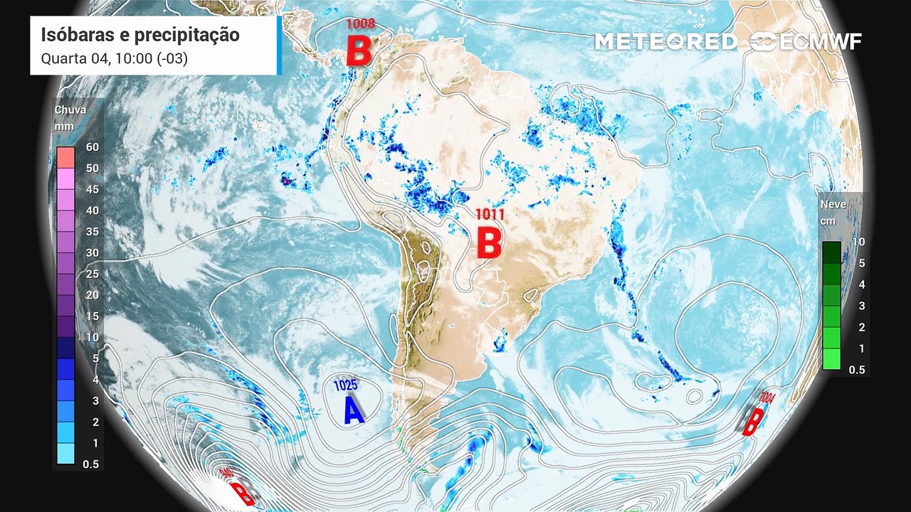 Quarta-feira, 4 de março: Previsão de chuva, nebulosidade e pressão a nível médio do mar entre quarta (4) e sexta-feira (6).
