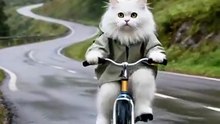 white cat cycling leisurely