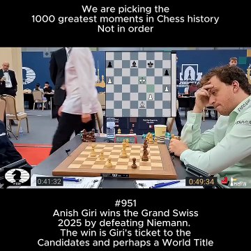 Anish Giri wins the Grand Swiss 2025 by defeating Niemann. The win is Giri's ticket to the Candidates and perhaps a World Title.