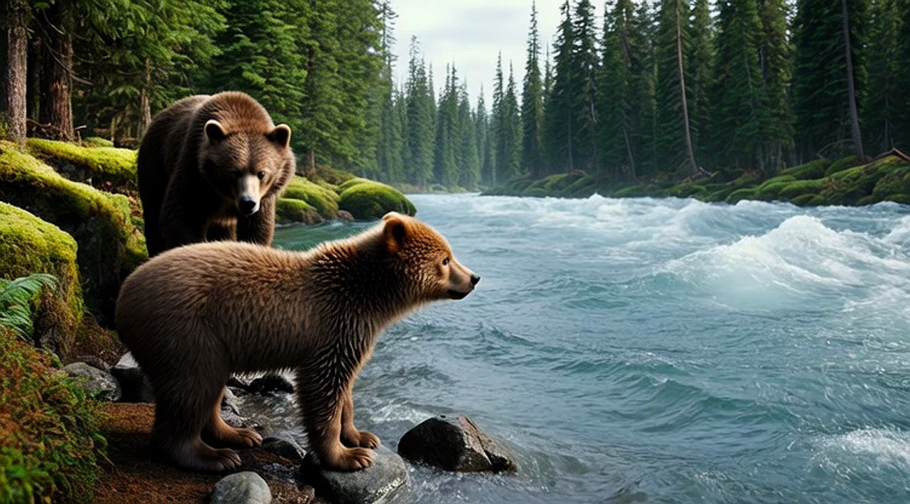 Bear Pulls Cub From Fast River 🔥One Second From Disaster — Bear Mom Saves Her Cub