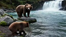 Grizzly Bear Pulls Cub From Waterfall Current