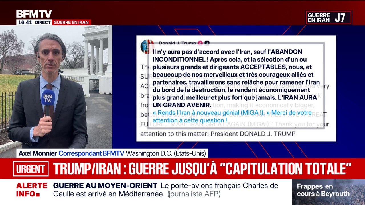 Guerre au Moyen-Orient: "Il n'y aura pas d'accord avec l'Iran, sauf l'abandon inconditionnel" des Iraniens, assure Donald Trump sur son réseau social