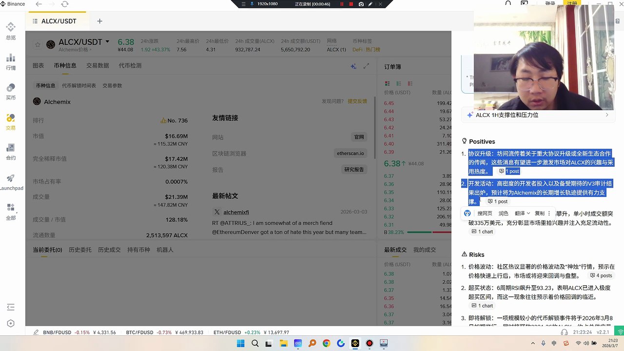 ALCX看突破7.6，回踩6安全上车可能大，前提是量能不能放大。协议升级：坊间流传着关于重大协议升级或全新生态合作的传闻，这些消息有望进一步激发市场对ALCX的兴趣与采用热度。 开发活动：高密度的开发者投入以及备受期待的V3审计结果出炉，预计将为Alchemix的长期增长轨迹提供有力支撑。一项规模较小的代币解锁事件将于2026年3月8日如期举行，届时将释放2221.36枚ALCX，约占总供应量的0.0007%，或对市场形成一定的