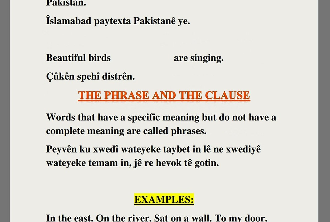 Îngilîzî bi Kurdî hîn bibin(Learn to use Subjects, Predicates, Phrases and Clauses)