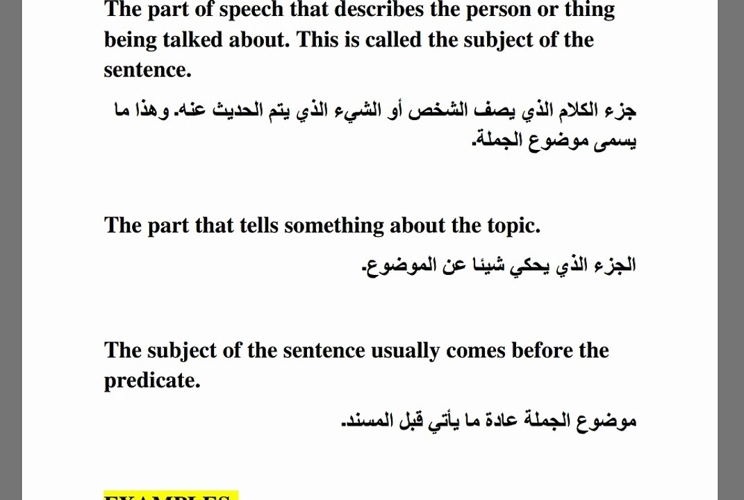 تعلم اللغة الإنجليزية باللغة العربية(تعلم الموضوع، المسند، العبارة والجملة) في لغتك الأم