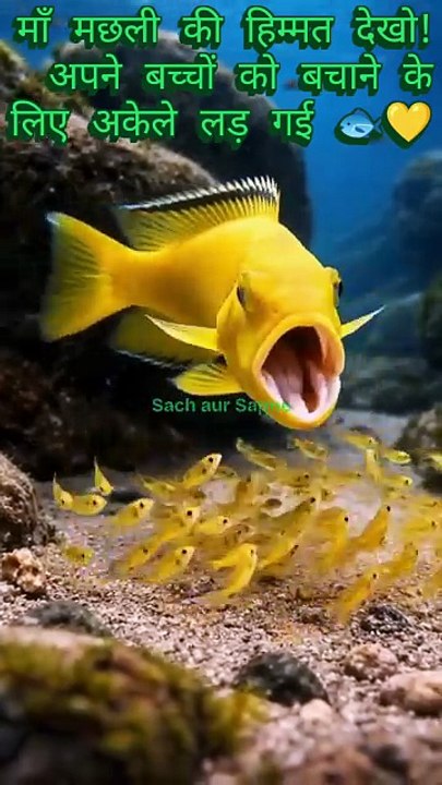 माँ मछली की हिम्मत देखो! अपने बच्चों को बचाने के लिए अकेले लड़ गई 🐟💛 #fish #motherlove