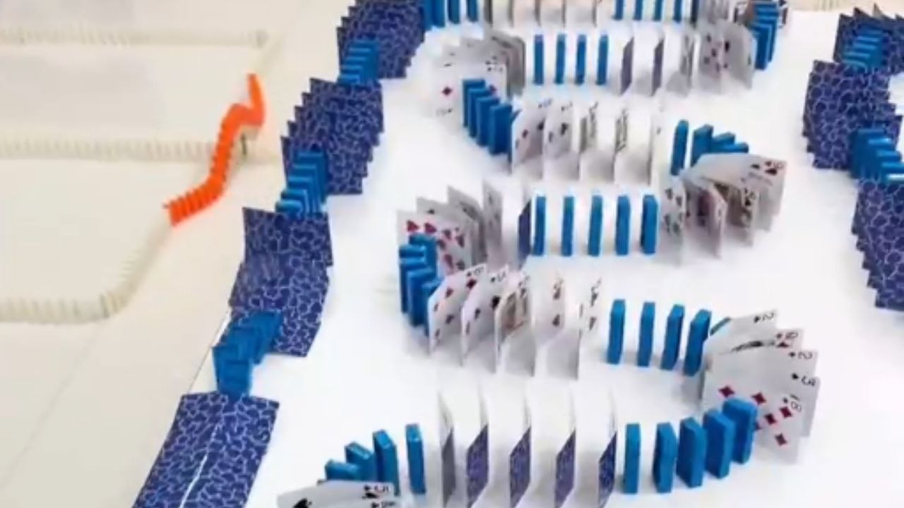 Domino sequence falls in flawless order, creating a delightful visual experience