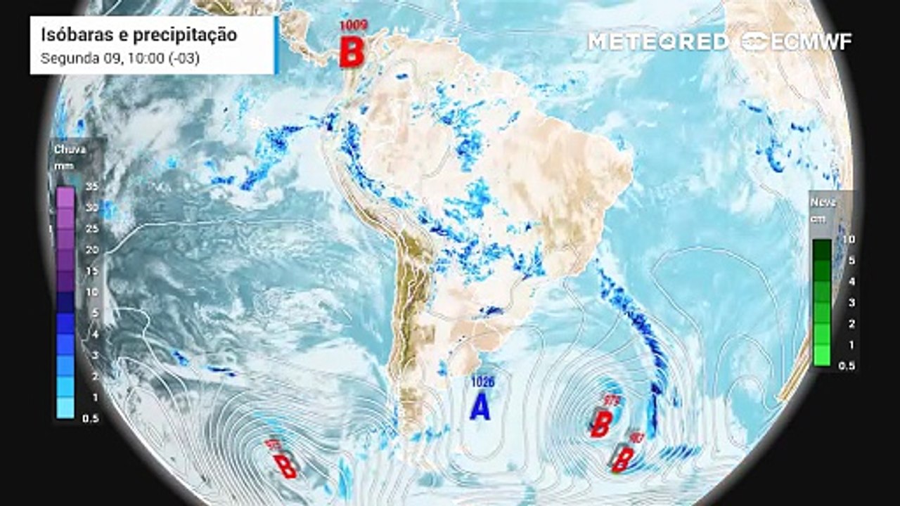 Segunda-feira, 9 de março: Previsão de precipitação, nebulosidade e pressão a nível médio do mar.