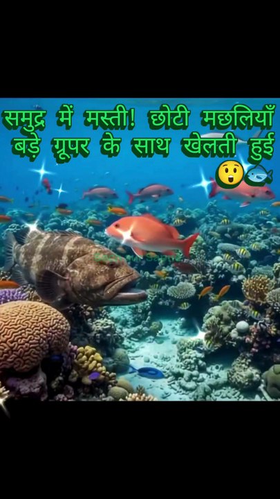समुद्र में मस्ती! छोटी मछलियाँ बड़े ग्रूपर के साथ खेलती हुई 😲🐟