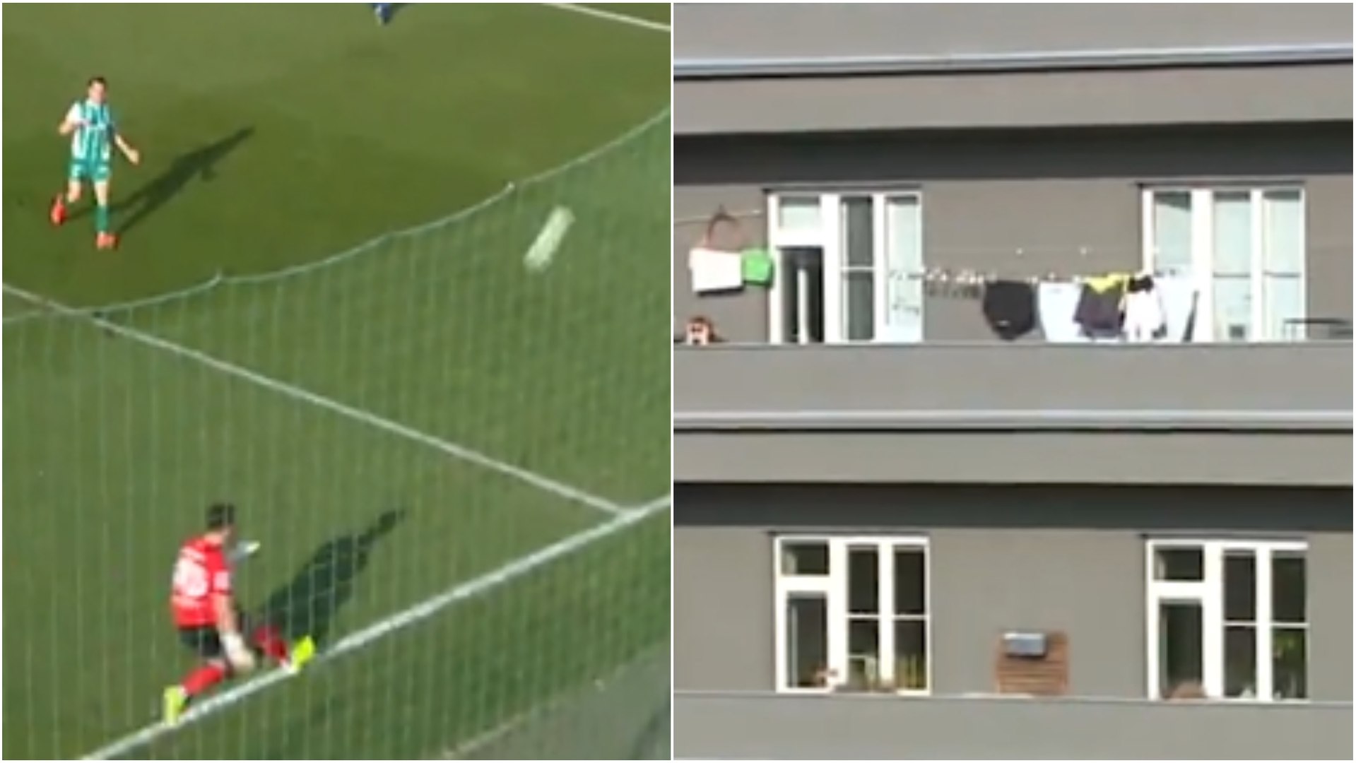 Despeja un balón y acaba en el balcón de una casa