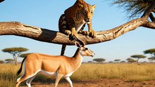 Leopard Drops From Tree on Antelope