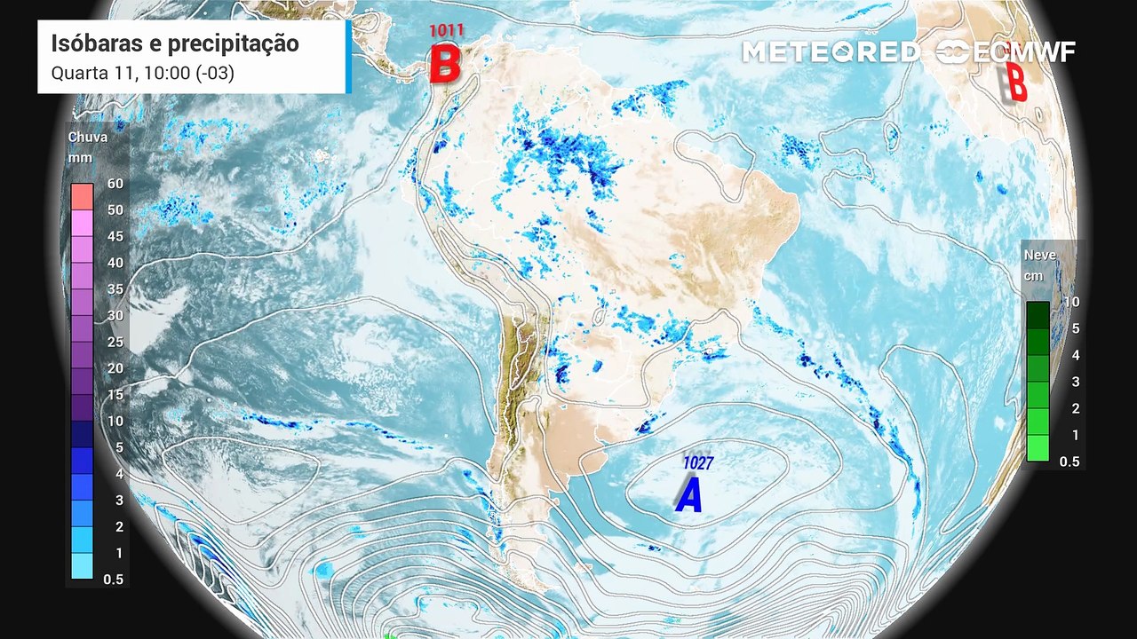 Quarta-feira, 11 de março: Previsão de chuva, nebulosidade e pressão a nível médio do mar entre quarta (11) e sexta-feira (13).