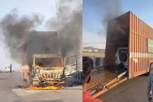 एनएच-48 पर चलते कंटेनर में लगी आग, बोलेरो और कैंपर गाड़ियां लेकर जा रहा था कंटेनर