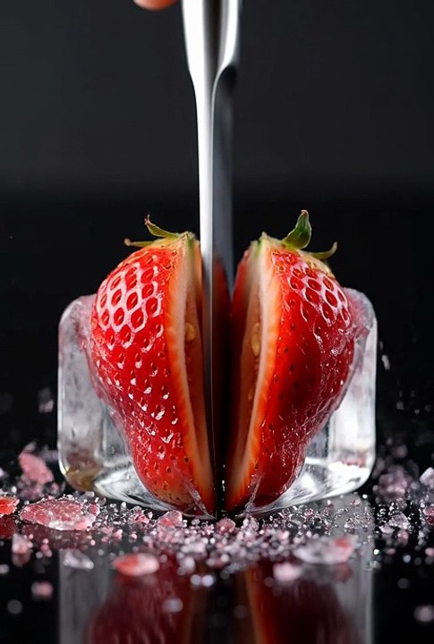 Cutting Ice Cube with Strawberry Inside 🍓❄️ | Satisfying ASMR