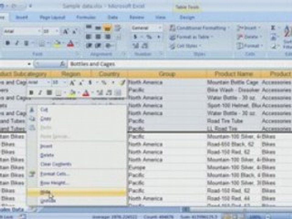 Excel 2007 Demo: Hiding rows & columns