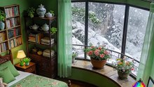 Green Cave Resort bedroom with snowfall