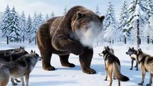 Bear vs Wolf Pack in Snow Forest
