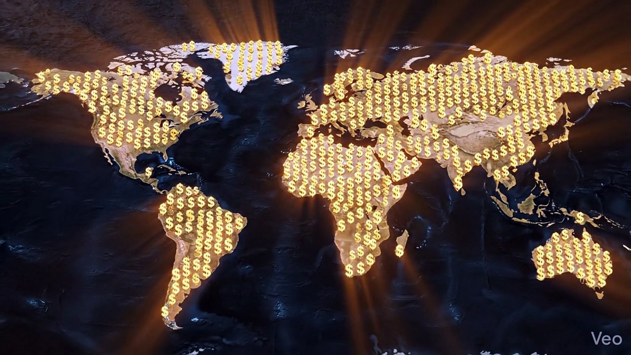 Cinematic world map with glowing US dollar symbols spreading across countries, dramatic lighting, economic dominance concept, ultra realistic, 4K