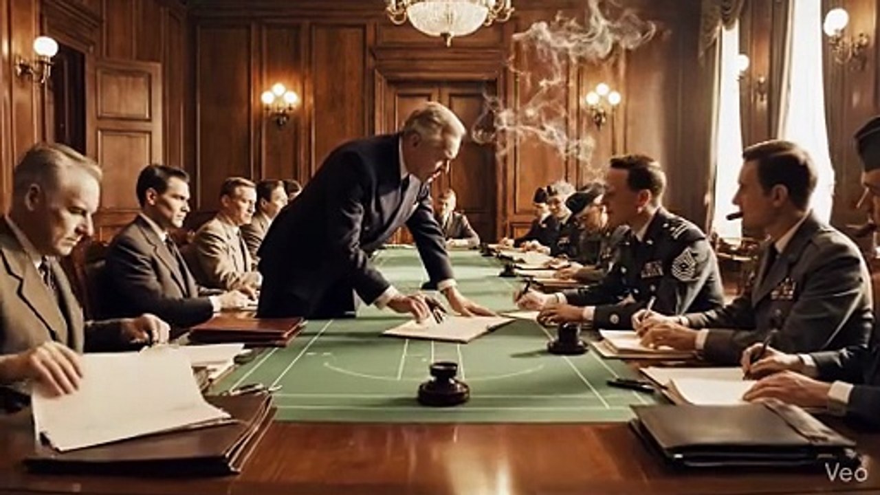 1944 Bretton Woods meeting, world leaders sitting at a long table discussing global economy, historical cinematic scene