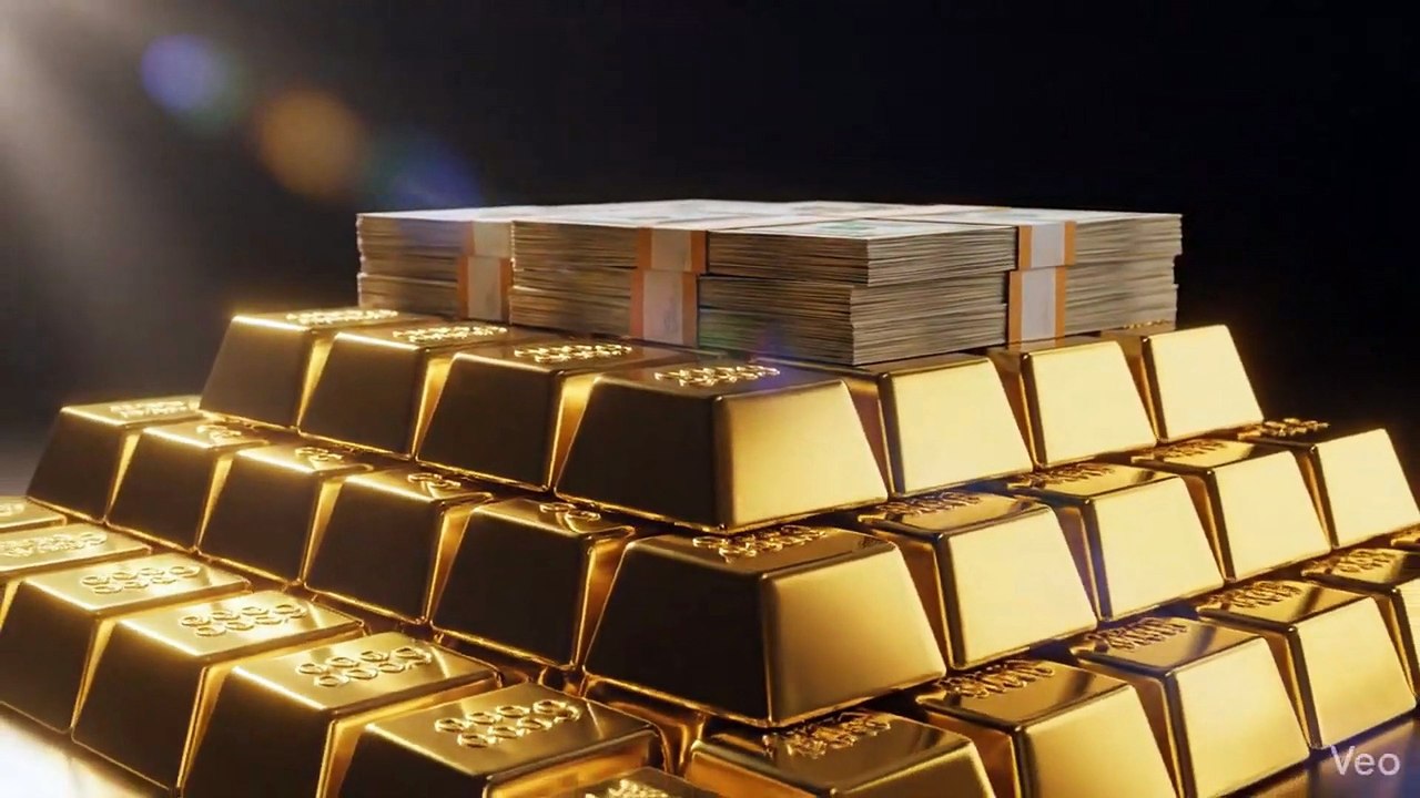 Gold bars shining with US dollar bills on top, concept of dollar backed by gold, dramatic lighting