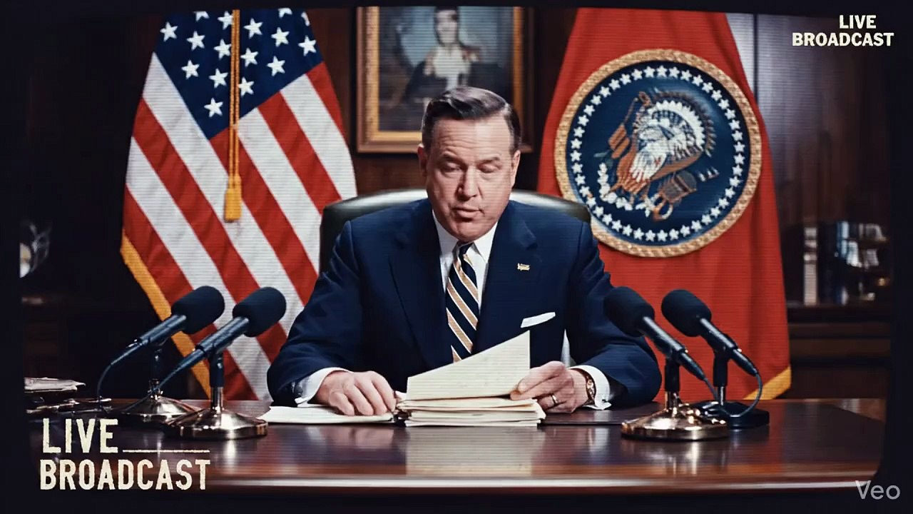 1971 news style scene, President announcing economic decision, vintage television broadcast effect