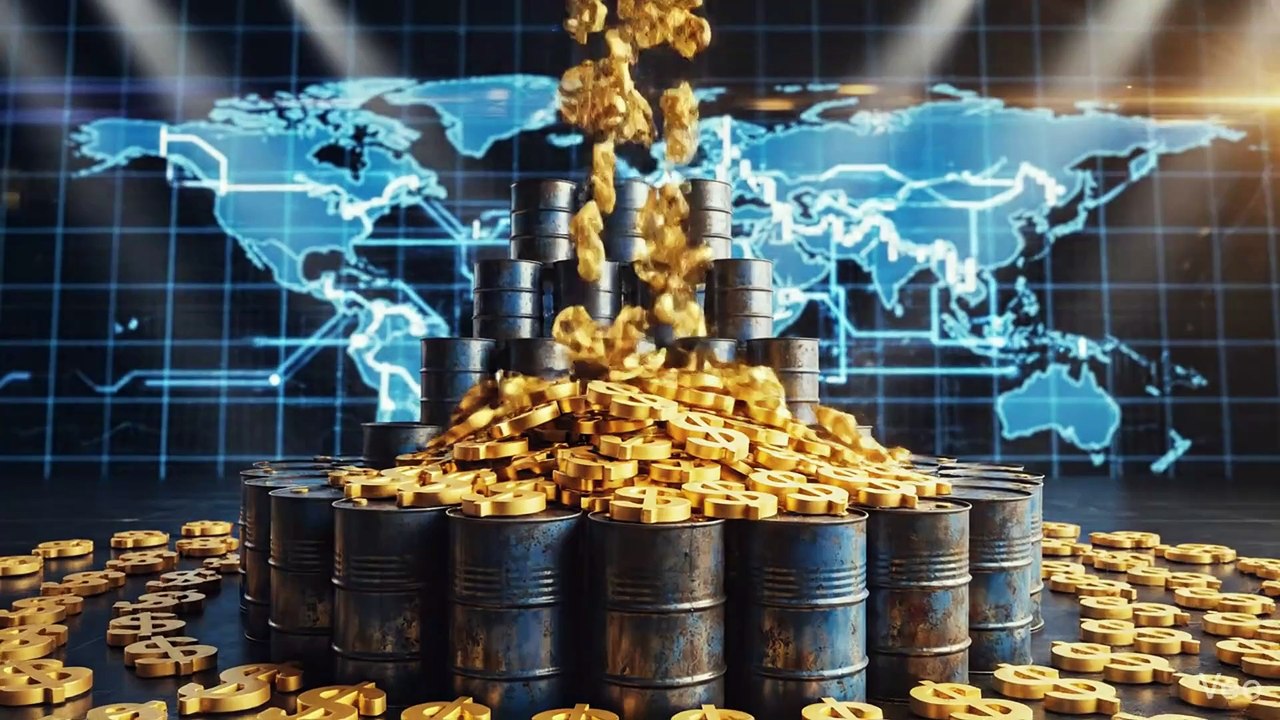 Oil barrels and US dollar symbols together, global oil trade concept, cinematic economic visualization