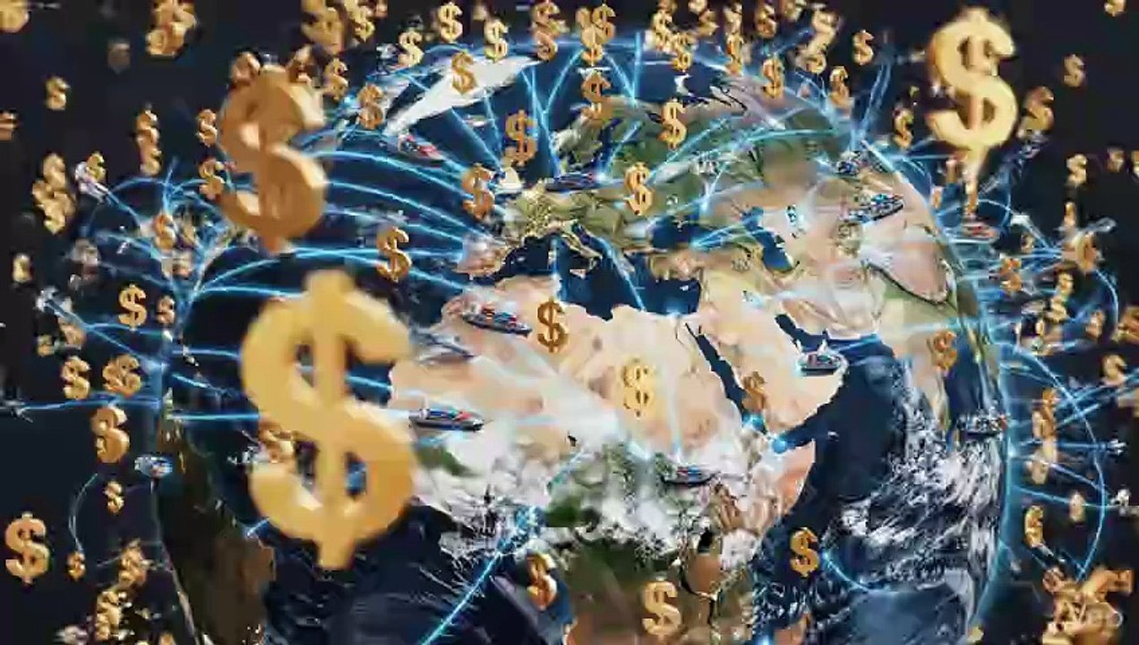 Global trade ships, airplanes and cargo moving across world map with dollar symbols, international trade concept
