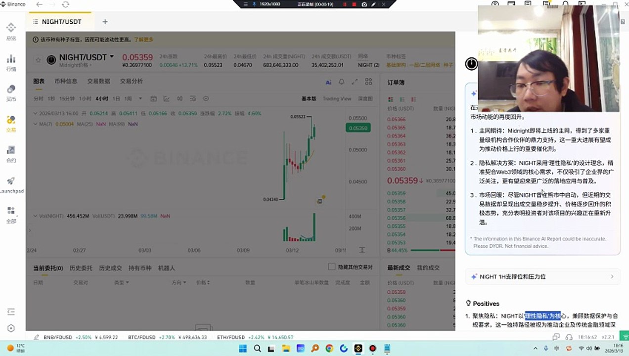 若继续爆量上涨，看好后续行情做多，若缩量下跌就可能就是顶部要做空。主网启动：Midnight计划于3月底或第二季度正式上线主网，加之MoneyGram、Vodafone等知名企业将出任节点验证者，充分彰显了机构投资者的坚定信心，并有望为NIGHT带来更广泛的应用价值与实用场景。 交易所推广：某大型交易所近日推出全新现货交易活动，向用户发放90,000,000枚NIGHT代币券，此举不仅为新用户提供丰厚激励，更大幅提升了NIGHT