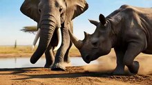 Elephant vs Rhino Territory Fight
