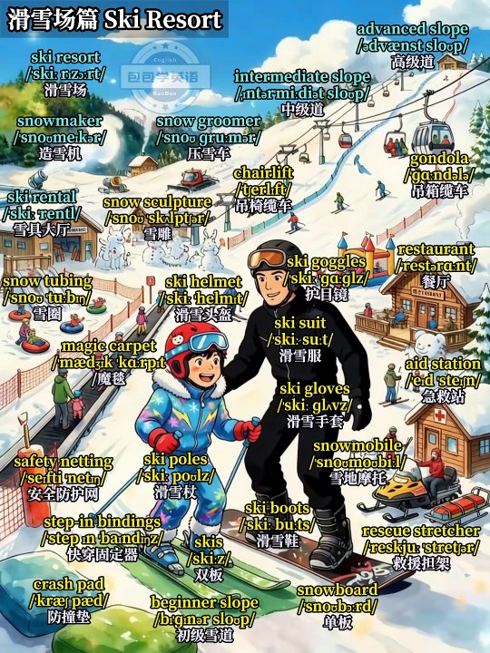 We spent the whole day at the ski resort and tried many fun activities. Learn English now