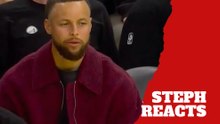 Stephen Curry shakes his head after Anthony Edwards hits clutch shot and stares him down