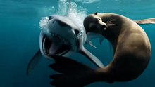 Sea lion darting quickly through water while shark chases.