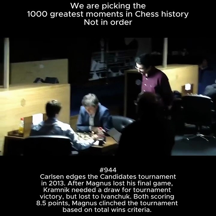 Carlsen edges the Candidates tournament in 2013. After Magnus lost his final game, Kramnik needed a draw for tournament victory, but lost to Ivanchuk. Both scoring 8.5 points, Magnus clinched the tournament based on total wins criteria.