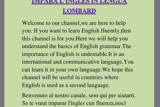 IMPARA L'INGLES IN LENGUA LOMBARD( Lista di contenù inglès) In de la tò lengua nativa