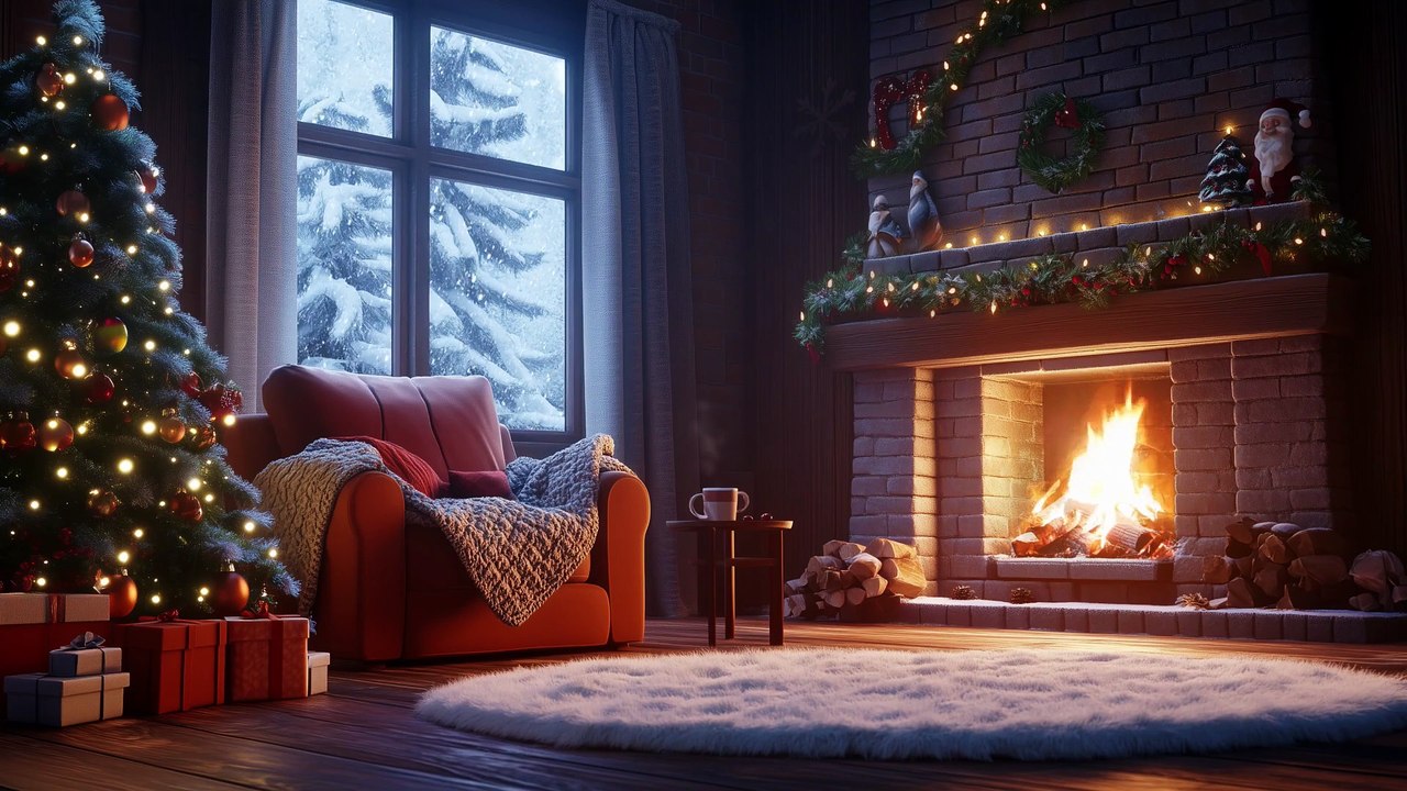 Musique jazz dans un chalet chaleureux ⛄ Neige hivernale et crépitement du feu pour calme et concentration