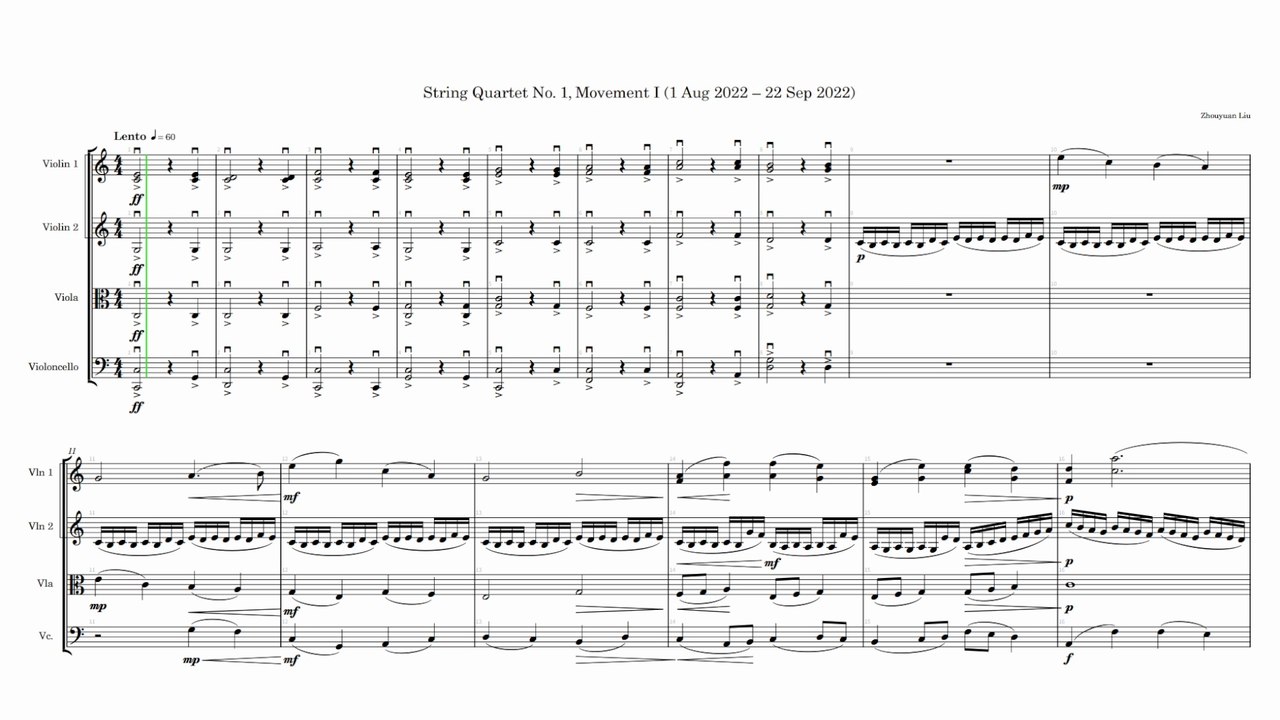 String Quartet No. 1, Movement I (1 Aug 2022 – 22 Sep 2022) (Full Score, Landscape)