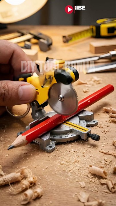 Mini Miter Saw cutting colored wooden pencils