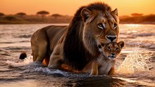 Lion Pulls Cub From River Current