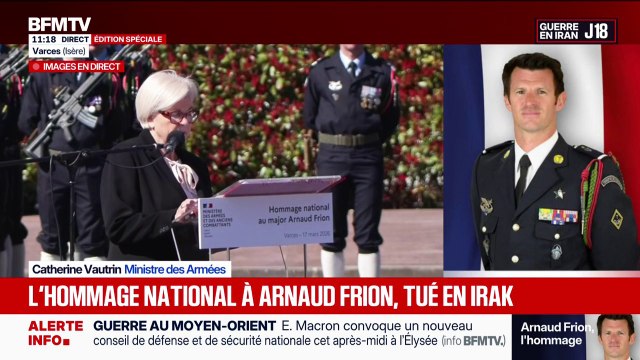 Cérémonie nationale pour Arnaud Frion, tué en Irak: Nous rendons hommage à un sous-officier qui à lui seul incarnait l'essence même de nos armées , déclare Catherine Vautrin