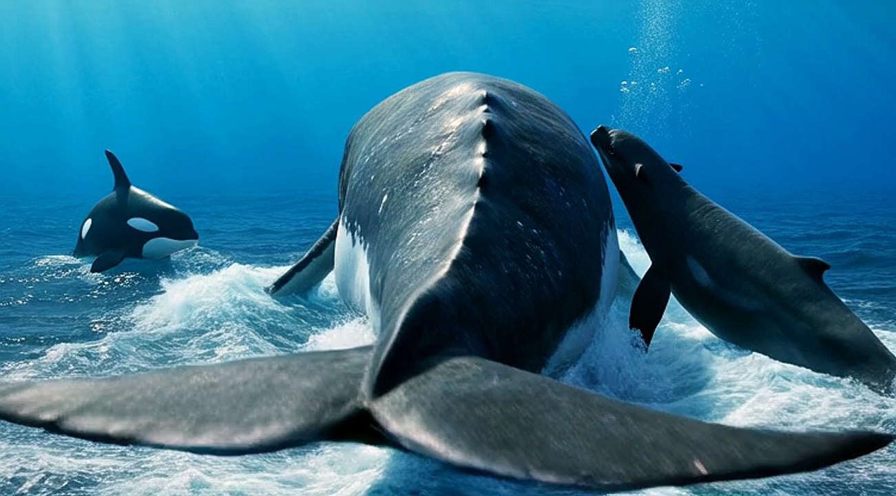 Whale Protects Calf From Orcas
