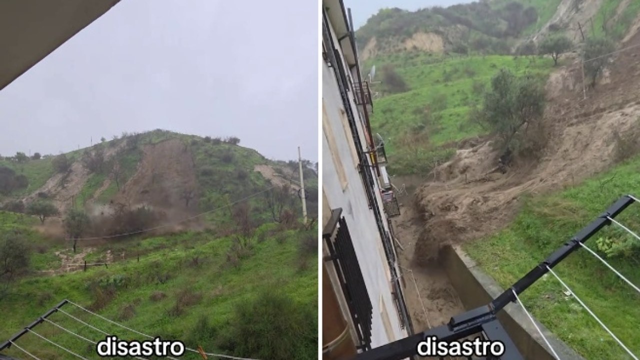 Crolla parete della collina a Crosia: il video del momento in cui a terra scivola giù e invade scantinati e piani terra