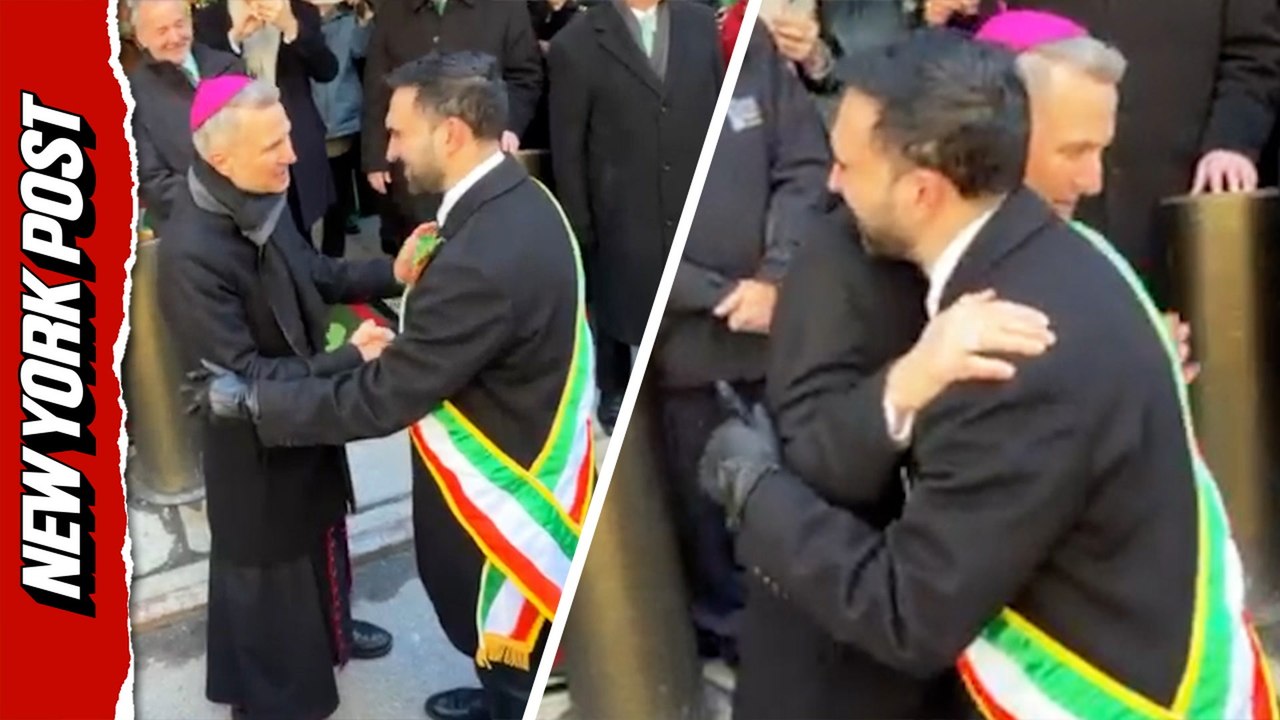 Archbishop Hicks greets Mayor Mamdani with a hug during St. Patrick's Day festivities in NYC
