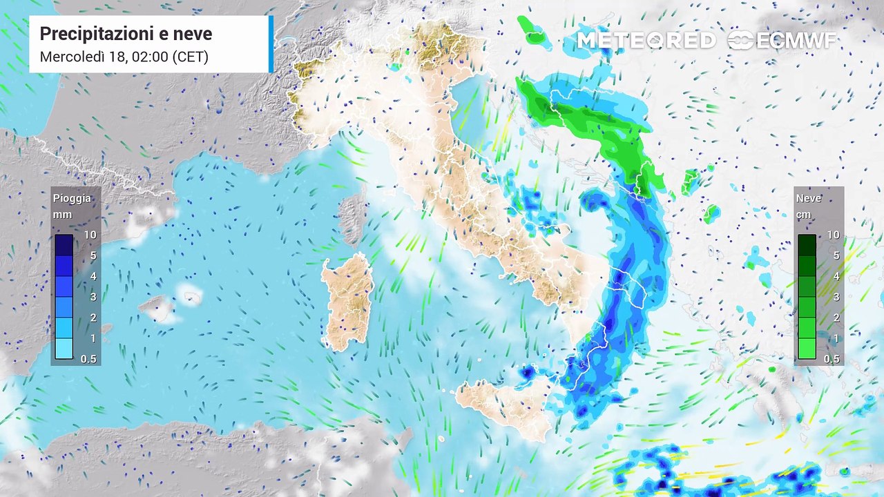 Mappa relativa a nubi e piogge previste in Italia