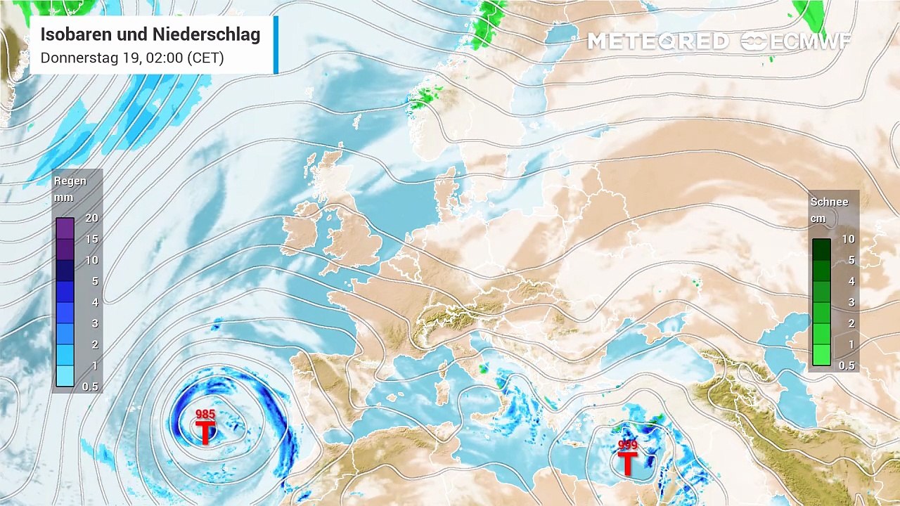 Hochdruck über West- Mittel- und Osteuropa! In Südeuropa sind Tiefs mit Unwettern unterwegs!