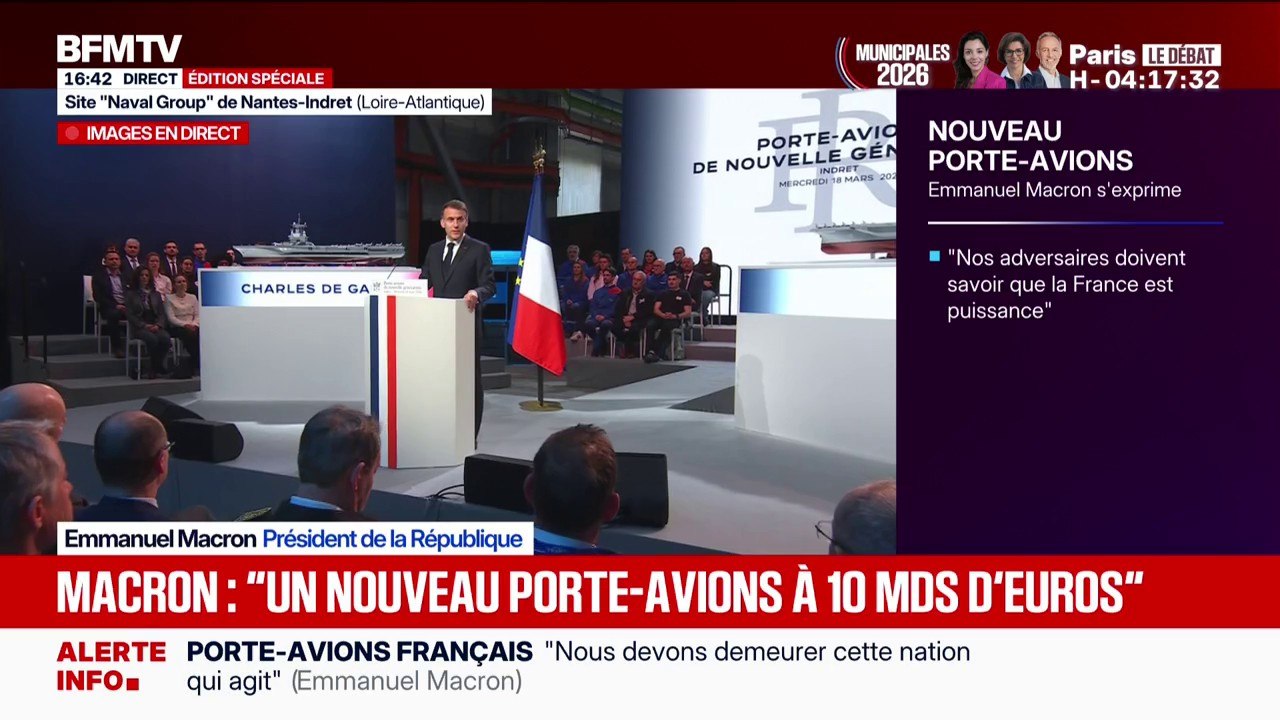 Nouveau porte-avions français: "Vous êtes la preuve que notre puissance militaire est autant la cause que la conséquence de notre puissance industrielle", dit Emmanuel Macron