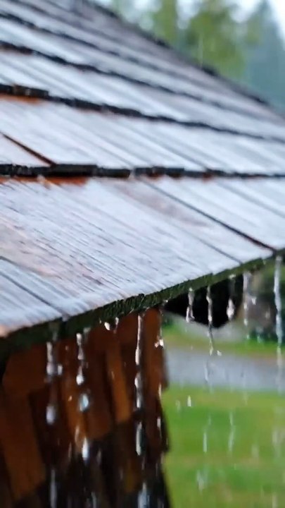 Hujan Rintik Rintik Jatuh Di Atap Rumah Kayu Di Desa