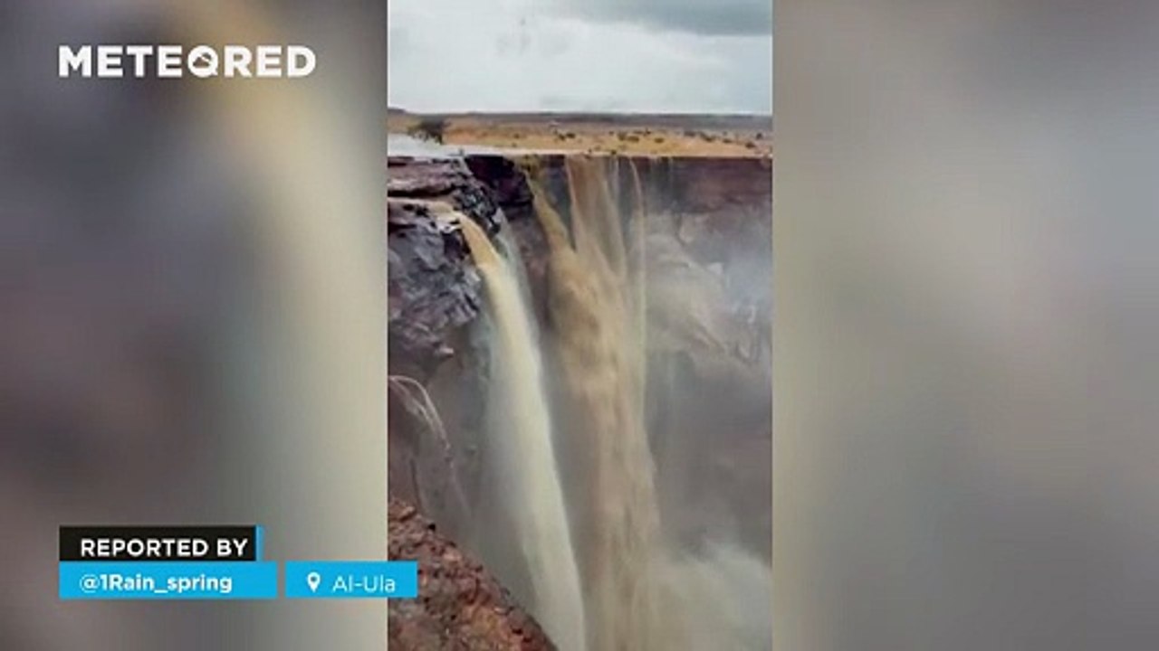 Large waterfalls appear in the Arabian desert after heavy rains
