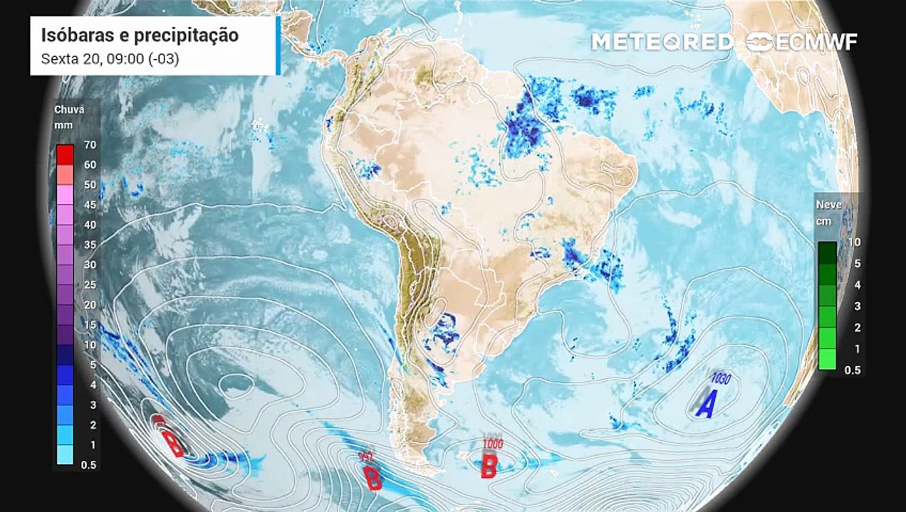 Sexta-feira, 20 de março: Previsão de chuva, nebulosidade e pressão a nível médio do mar entre sexta (20) e domingo (22).