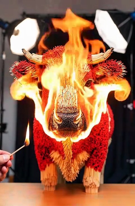 Cow Made of 5000+ Matchsticks BURNS in Epic Flames! 🔥🐮 (Satisfying Fire Art)